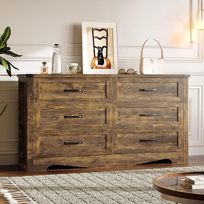 6-Drawer Dresser for Bedroom, Modern Wooden Chest of Drawers with Metal Handles, Anti-Tipping Design, Sturdy and Stable Storage Organizer for Living Room, Entryway, Home Office