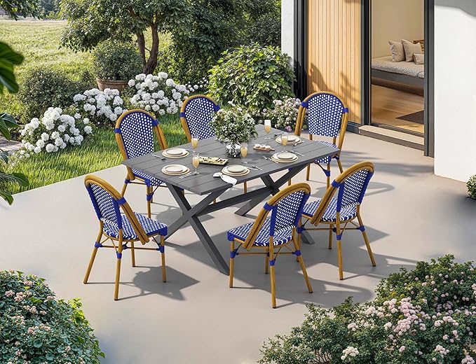 PURPLE LEAF 7 Pieces Outdoor Dining Set Patio Furniture Set with Large Aluminum Table and French Bistro Chairs for Garden Backyard Deep Blue Patio Dining Set