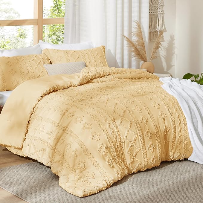 Bedsure Tufted Boho Comforter Set California King - Yellow Boho Bed Set, GentleSoft™ 3 Pieces Farmhouse Shabby Chic Embroidery Bedding, Gifts for Woman, Soft Jacquard Comforter for All Seasons