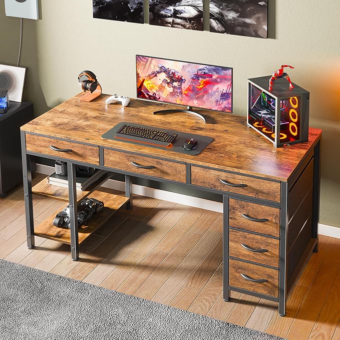 Huuger Computer Desk with 6 Drawers, 47 Inch Office Desk with Shelves, Reversible Gaming Desk, Corner Desk with Storage, Work for Home Office, Study, Living Room, Rustic Brown