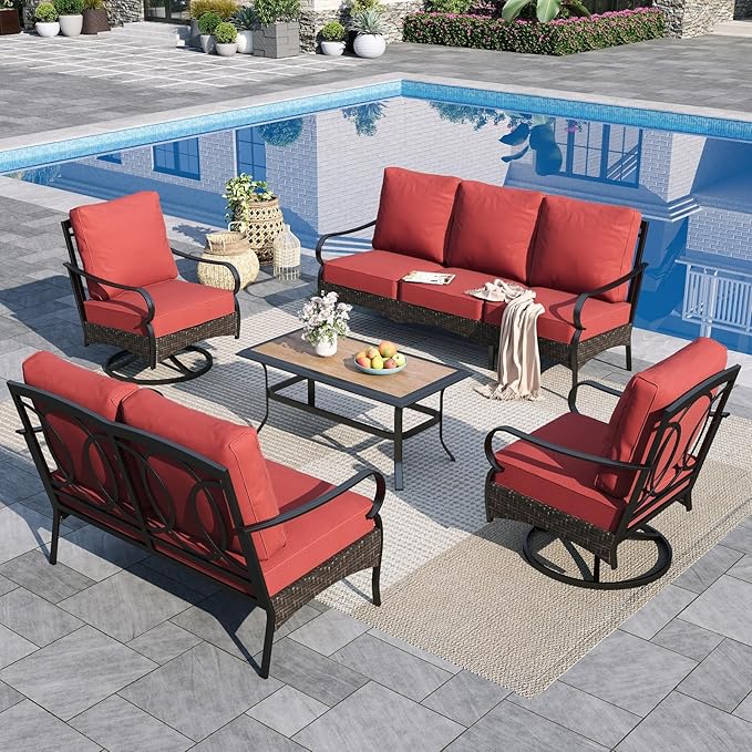 Sophia & William Patio Furniture Set, 5 Piece Metal Outdoor Conversation Set with 3-Seater Outdoor Couch, 2 Swivel Chairs, 1 Loveseat,1 Coffee Table for Outdoor Seating, Backyard, Porch(Red)