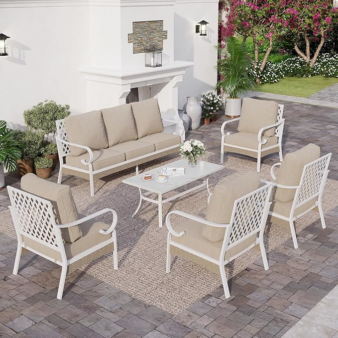 6 Piece Metal Outdoor Patio Furniture Set, Patio Conversation Sets 1 3-seater Sofa, 4 Single Sofa with 5.75" Extra Thick Cushion and Coffee Table, White Frame Backyard Furniture, Beige