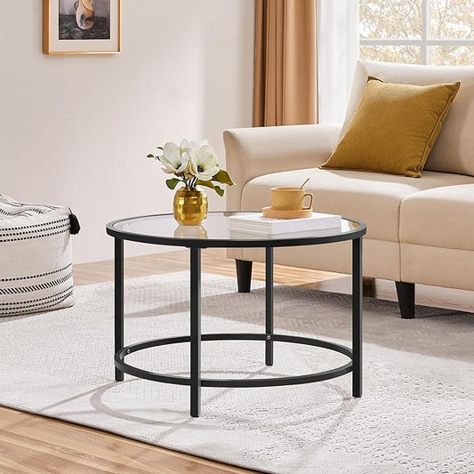 Yaheetech 27.6" Round Glass Coffee Table, Small Coffee Table for Living Room,Black Circle Coffee Tables Center Tables with Glass Top, Office & Apartment