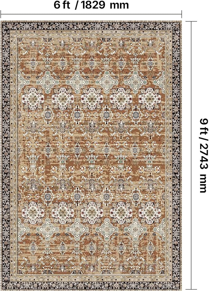 VEVOR 6 x 9 ft Area Rug Large Washable Rug Non-Slip and Tear-Resistant Soft Carpet Pet & Child Friendly Vintage Area Rugs Indoor Mat for Bedroom Living Room Kids Room Entryway Brown Green