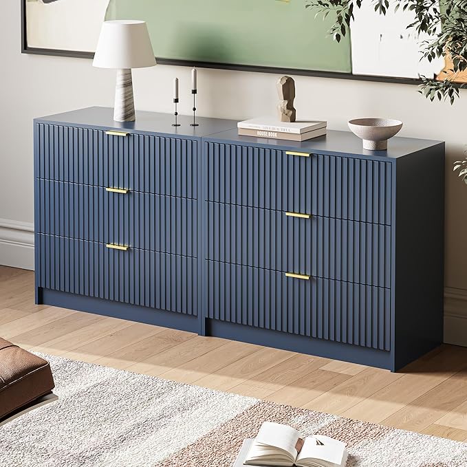 3-Piece Dresser Bedroom Set, 7 Drawer Dresser & 3 Drawer Nightstands with Gold Handles, Fluted Wood Chest of Drawers for Bedroom, Living Room, Entryway, Navy Blue