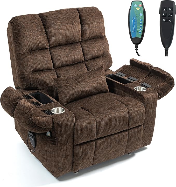 Oversized Zero Gravity Power Lift Recliner Chair for Elderly Adults Big Man Electric Lay Flat Recliner Triple Motor with Heat and Massage, Adjustable Seat Height, Arm Storage, Cup Holder