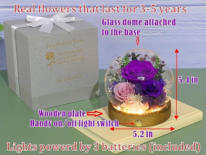 Valley of Rain & Forest Long-Lasting Real Flowers, Unique Floral Gift for You to Send Love for All Occasions, for Indoor Decoration (Dark Purple & Pink Roses Arrangement)
