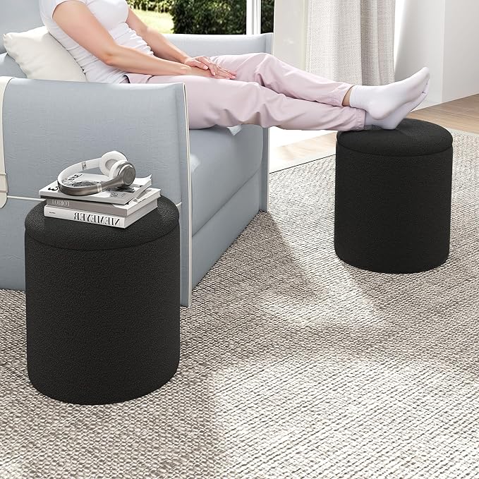 Ottoman Poufs with Storage, Set of 2 Soft Upholstered Vanity Stool,Multifunctional Ottomans Coffee Table Padded Seat Foot Rest for Living(Black, Pack of 2)