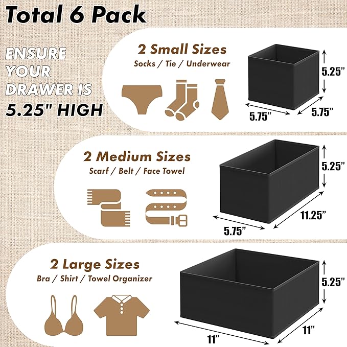 Simple Houseware Underwear Drawer Organizer for Lingerie/Undergarment/Bra/Panty/Sock/Onesie, Set of 6, Black
