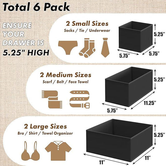 Simple Houseware Underwear Drawer Organizer for Lingerie/Undergarment/Bra/Panty/Sock/Onesie, Set of 6, Black