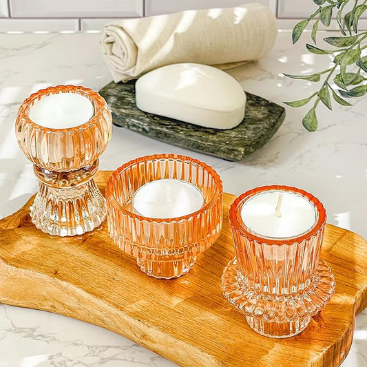 Kate Aspen Vintage Ribbed Glass Black Candlestick Holders, Pillar Candle, Tealight & Votive Candle Holders (Set of 6, 3 Assorted Sizes), Dining Table Decor, Shelf Decor, Centerpiece