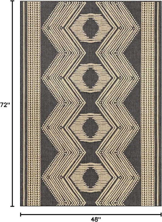 nuLOOM 4' x 6' Outdoor Tribal Geometric Area Rug, Stain Resistant, Weather Resistant, High Traffic, Patio, Balcony, Outside, Ranya Dark Grey