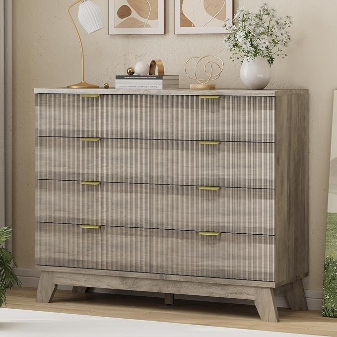 Fluted Dresser for Bedroom with 8 Drawers, 48" Wide Modern Chest of Drawers with Metal Handle, Wooden Dresser TV Stand, Wood Closet Clothes Storage Drawer Organizer for Living Room, Hallway, Grey