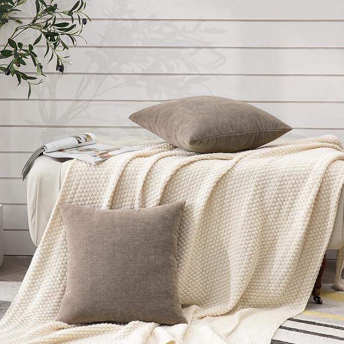 GAWAMAY Decorative Square Throw Pillow Covers Set of 2, Super Soft Chenille Farmhouse Fall Pillowcase for Living Room Bedroom Sofa Couch Home Decoration Cushion Cover Taupe Grey 55x55cm/22x22