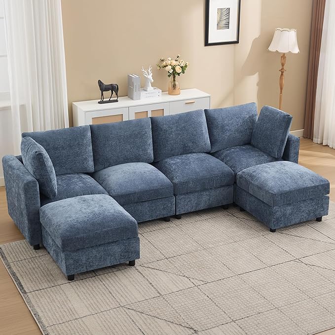 4-Seater Modular Sectional Cloud Sofa with 2 Ottomans, U-Shaped Couch for Living Room, Modern Deep Seat Sofa with Soft Back Cushions, Chenille Blue