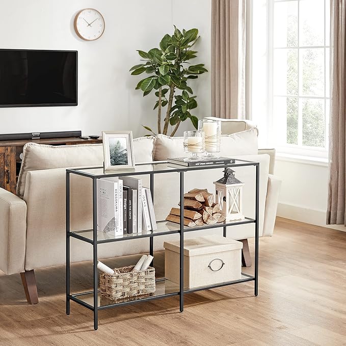VASAGLE 39.4 Inch Console Table with 3 Shelves, Sofa Tables, Modern Entryway Table, Metal Frame, Tempered Glass Shelf, Entryway Living Room Bedroom, Classic Black and Transparent ULGT027B01