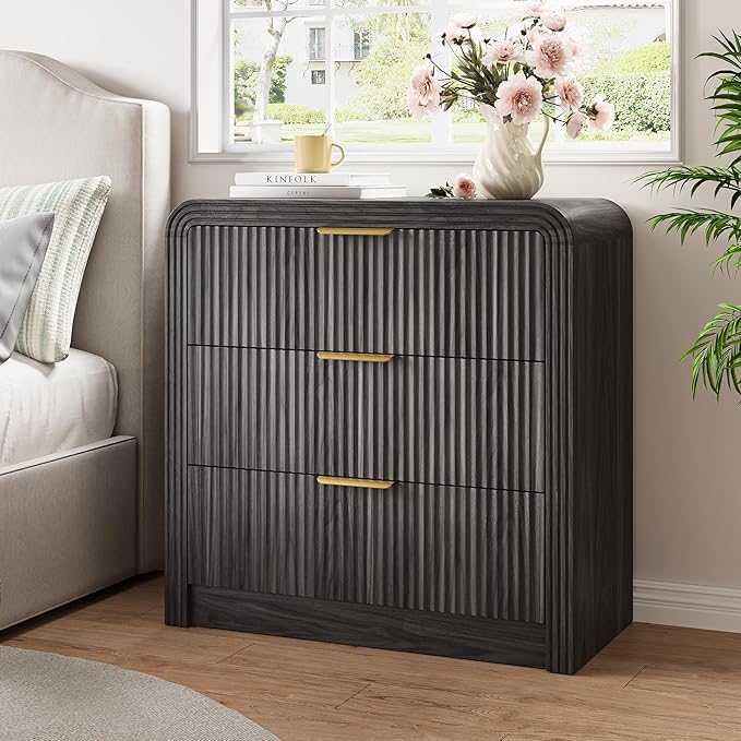 Fluted 3 Drawer Dresser, 31.8'' Tall Dresser for Bedroom, Modern Wood Chest of Drawers with Round Edge & Metal Handle, Large Nightstand with 3 Drawers for Living Room, Hallway, Entryway (Dark Walnut)