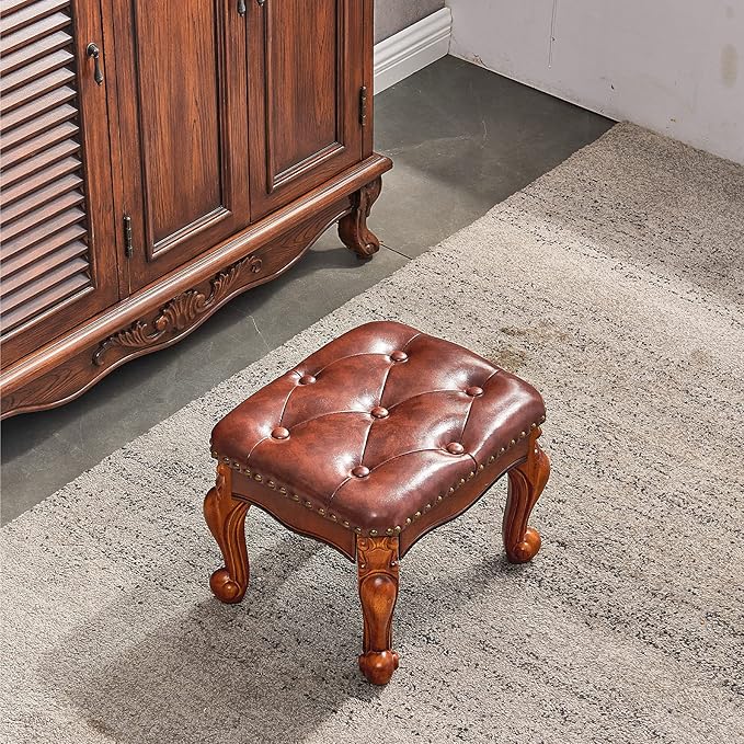 Foot Stool Ottoman Foot Rest Microfiber Leather Upholstered Footstool for Sofa, Living Room, Entryway, Solid Wood Stool (Light Brown)