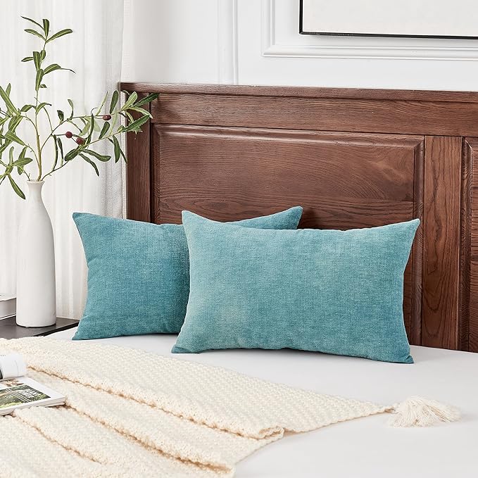 GAWAMAY Lumbar Decorative Rectangle Throw Pillow Covers 12"x20" Inch Set of 2, Super Soft Chenille Pillowcase for Sofa Living Room Bedroom Couch Cushion Cover Smoke Blue 30x50cm (ONLY Covers)