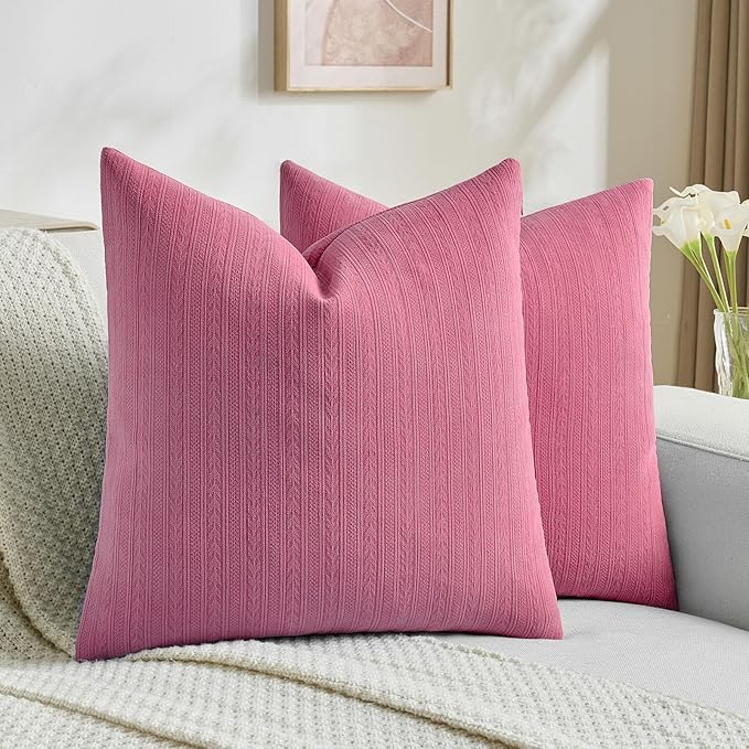 FUTEI Hot Pink Decorative Throw Pillow Covers 18x18 Inch Set of 2,Soft Cozy Wheat Ear Striped Patterns Cushion Cases,Modern Home Decor for Couch Bed Living Room