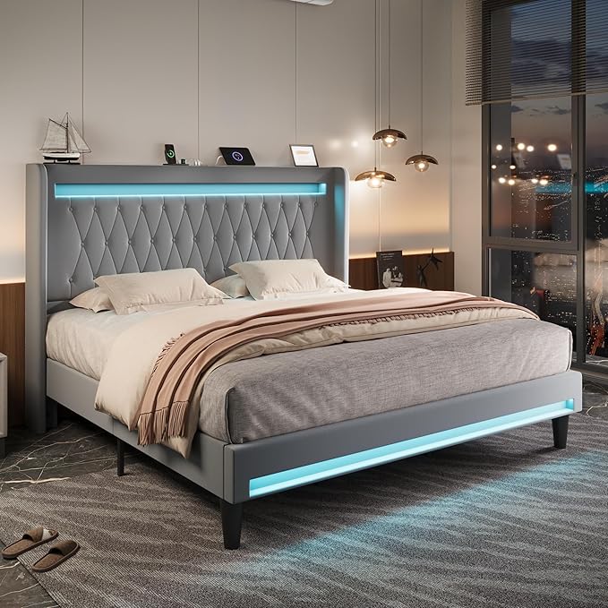 Allewie Upholstered King Size Platform Bed Frame with LED Light and Charging Station, Button Tufted High Headboard, Wingback Design, Noise Free, Easy Assembly, No Box Spring Needed, Grey