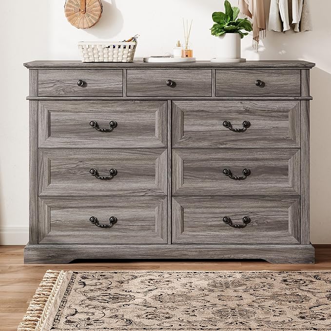 LINSY HOME Updated Dresser for Bedroom with 9 Drawers, Wide Chest of Drawers, Wooden Tall Bedroom Dresser, Storage Organizer for Closet, Living Room, Hallway, Grey