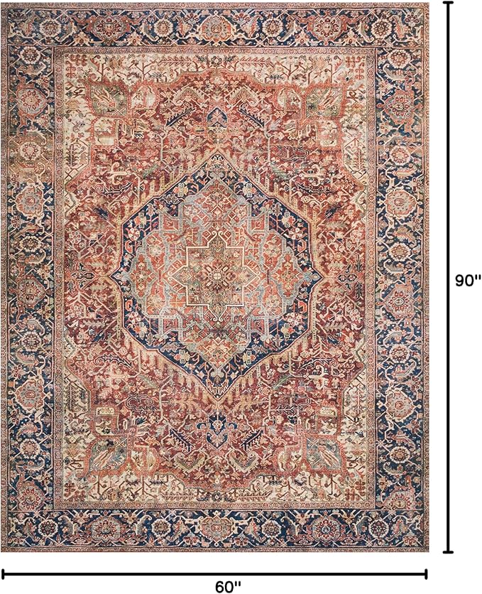 Loloi Layla Collection LAY-08 Red/Navy 5'-0" x 7'-6" .13" Thick Area Rug, Soft, Durable, Vintage Inspired, Distressed, Low Pile, Non-Shedding, Easy Clean, Printed, Living Room Rug