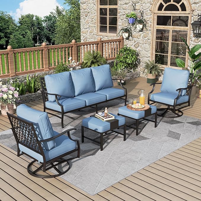 Patio Furniture Set 5 pcs, Outdoor Patio Furniture, 3-Seat Sofa, 2 Swivel Chairs, 2 Ottomans and 5.75" Extra Thick Cushion, Patio Conversation Set for Garden Backyard Deck,Blue