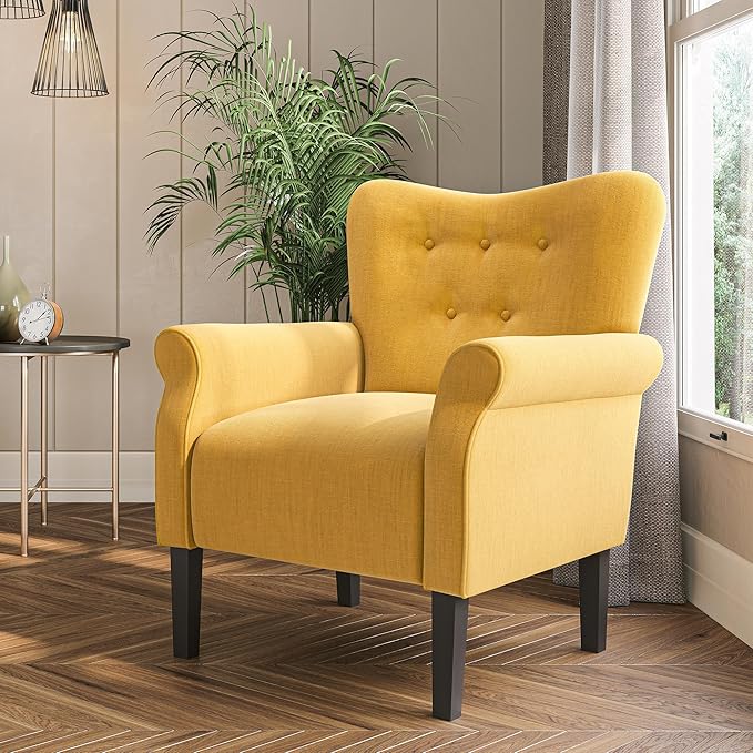 BELLEZE Modern Accent Chair, High Back Armchair, Upholstered Wingback Side Chair, Padded Single Sofa with Wooden Legs for Living Room, Bedroom - Citrine Yellow