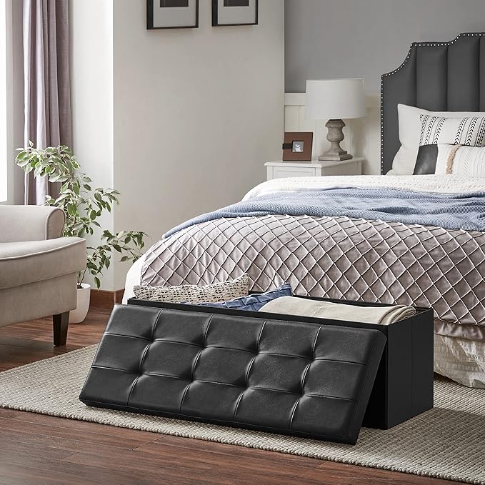 SONGMICS MAZIE Collection - 43 Inches Storage Ottoman Bench with Flipping Lid, Storage Chest with Iron Frame Support, Load 660 lb, for Living Room, Bedroom, Synthetic Leather, Black ULSF75BK