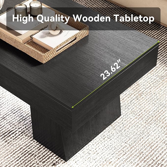 LITTLE TREE Farmhouse Coffee Table, 47 Inches Wooden Rectangular Accent Center Tables with Thick Base, Modern Low Cocktail Tea Furniture for Living Room (Black)
