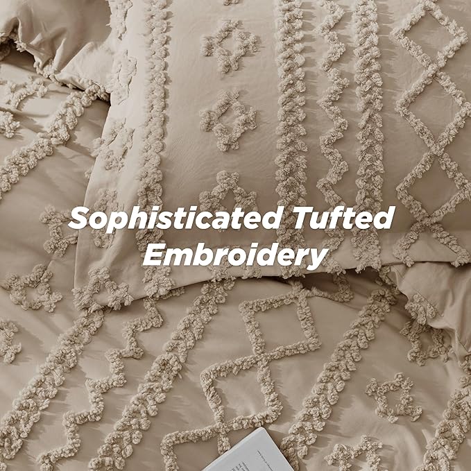 Bedsure Tufted Boho Comforter Set Oversized King - Khaki Boho Bed Set, GentleSoft™ 3 Pieces Farmhouse Shabby Chic Embroidery Bedding, Gifts for Woman, Soft Jacquard Comforter for All Seasons