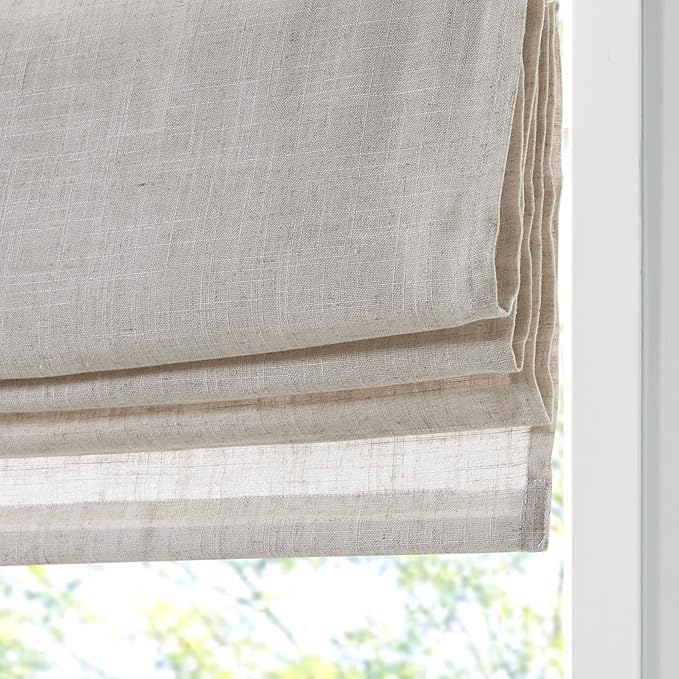 Madison Park Kyler Cordless Roman Shades - Single Panel, Lightweight Linen Blend Fabric, Natural Design, Easy Installation, Light Filtering Window Blind, Bedroom, Living Room Decor 29"W x 64"H Natural