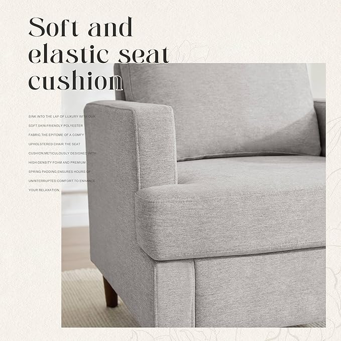 Mid-Century Accent Chair,Modern Linen Fabric Armchair for Living Room,Comfy Upholstered Reading Accent Chairs for Bedroom,Single Sofa Chair with Wood Legs (Light Grey, 2 Pack)