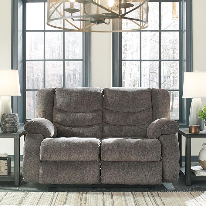 Signature Design by Ashley Tulen Modern Manual Pull Tab Reclining Loveseat, Dark Gray