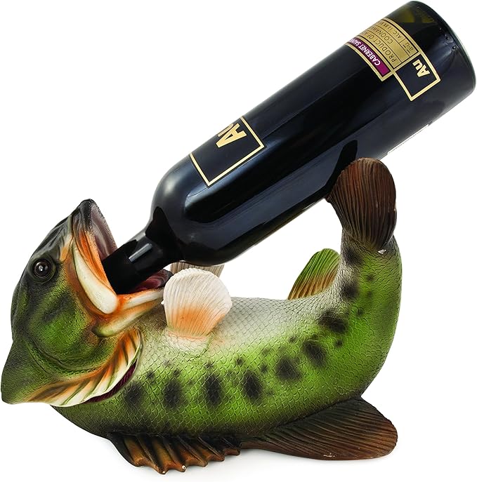 True Boozy Bass Polyresin Wine Bottle Holder - Table Top and Counter Wine Rack, Animal Home Decor - Set of 1, Green, Holds 1 Standard Wine Bottle