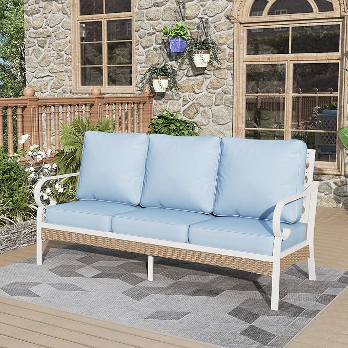 Patio Furniture Sofa, 3-Seat Patio Sofa Steel Frame Outdoor Sectional Couch with Deep Seating and 5.5” Cushions for Lawn Backyard Porch Deck, Blue