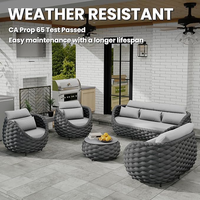 Lanai Outdoor Furniture Sofa Set: 6-Piece Aluminum Woven Rope Patio Conversation Set w/Table - Modern Cushions Couch Set - No Assembly Porch Seating for Deck Yard Garden Pool Hotel Resort