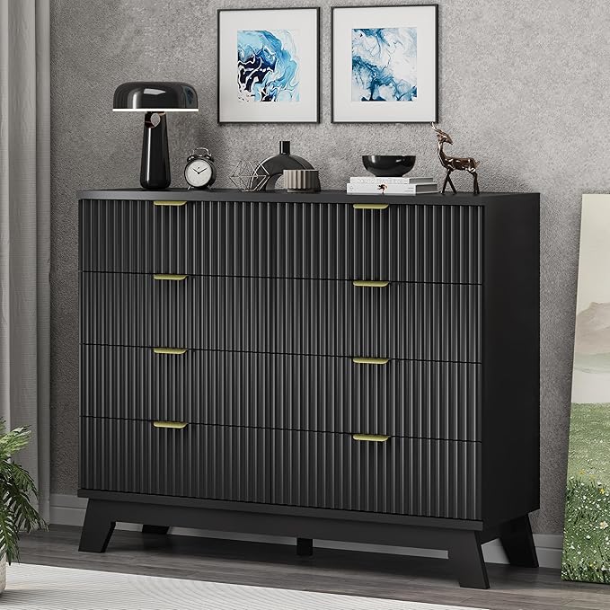 Fluted Dresser for Bedroom with 8 Drawers, 48" Wide Modern Chest of Drawers with Metal Handle, Wooden Dresser TV Stand, Wood Closet Clothes Storage Drawer Organizer for Living Room, Hallway, Black