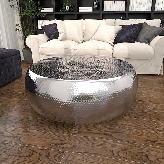 Deco 79 Aluminum Metal Living Room Coffee Table Drum Shaped Table with Hammered Design, Center Table 42" x 42" x 14", Silver