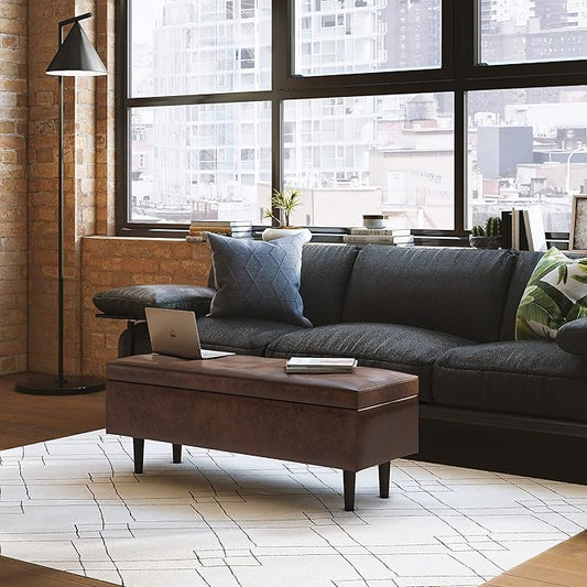 SIMPLIHOME Shay 48 inch Wide Mid Century Modern Rectangular Storage Ottoman in Distressed Chestnut Brown Vegan Faux Leather, Assembled, For the Living Room, Entryway and Family Room