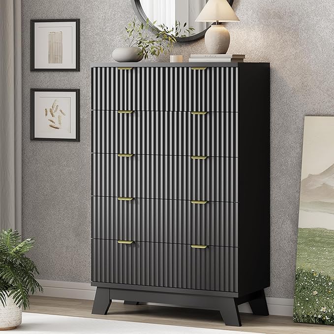 Fluted Dresser for Bedroom with 6 Drawers, 46" Tall Modern Chest of Drawers with Metal Handle, Wooden Dresser TV Stand, Wood Closet Clothes Storage Organizer for Living Room, Hallway, Black