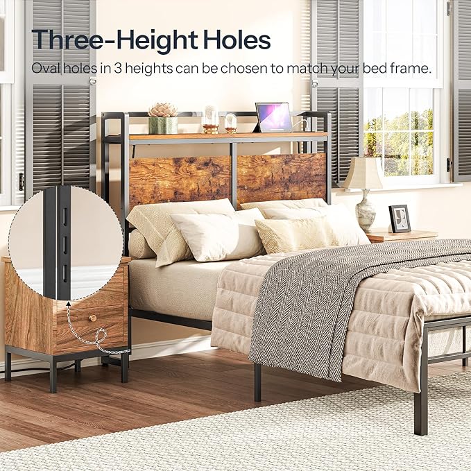 HOOBRO Headboard Full Size, Headboard with 2 Outlets and 4 USB Ports, Adjustable Height, Storage Rack, Sturdy and Stable, Easy Assembly, Rustic Brown and Black