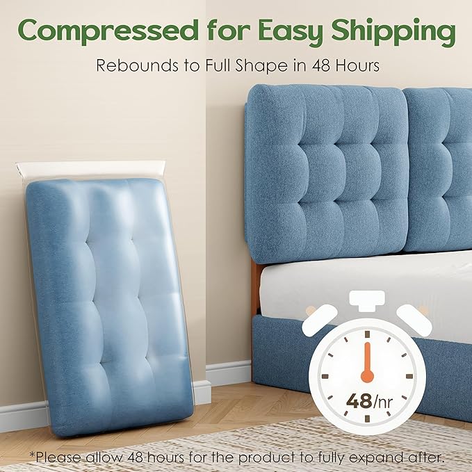Upholstered Headboard Queen Size, Adjustable Height Queen Headboard Only from 39”to 44”with Durable Solid Wood Legs, Modern Button Diamond Fabric Bed Head Board with Width Adapters, Blue