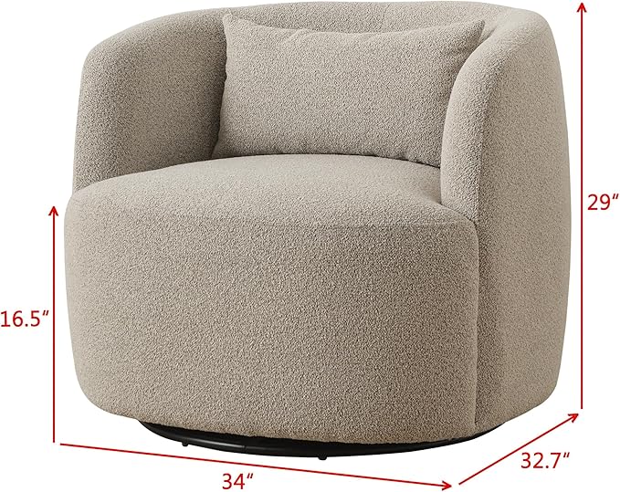 KINWELL 34" Wide Sherpa Swivel Barrel Chair, No Assembly Round Boucle Upholstered Accent Chair Armchair Single Sofa Chair with Toss Pillow for Living Room and Bedroom, Taupe
