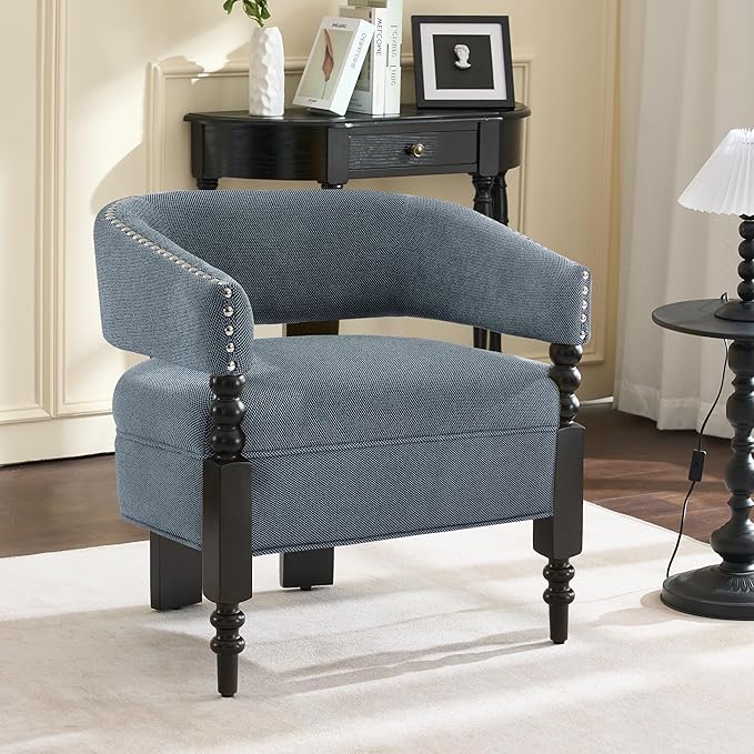 LOULENS Barrel Accent Chair for Living Room | Vintage Linen Upholstered Lounge Chair with with Solid Wood Legs, Armchair for Bedroom, Reception Room & Reading Nook, Blue