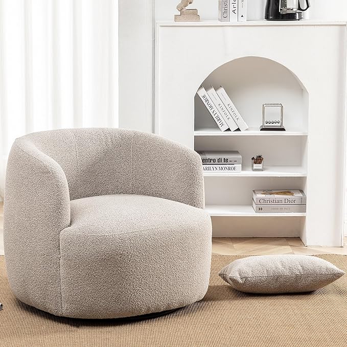 KINWELL 34" Wide Boucle Swivel Barrel Chairs Set of 2, No Assembly Round Upholstered Armchairs Accent Chairs Single Sofa Chair with Toss Pillow for Living Room and Bedroom, Taupe