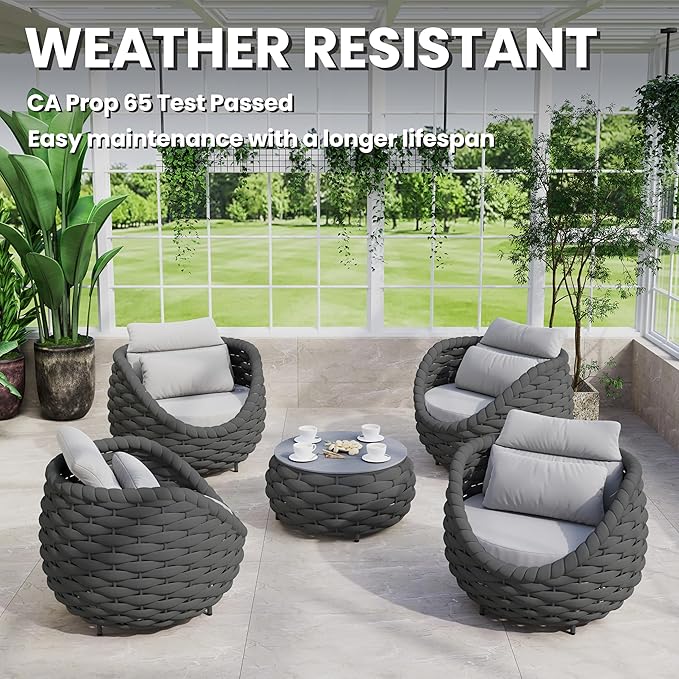 Front Porch Furniture Set: 5 Pieces Woven Rope Patio Conversation Set Aluminum - All Weather Cushioned Outdoor Sofa Set Assembled - Metal Modern Couch Set for 400lbs Deck Garden Poolside Hotel