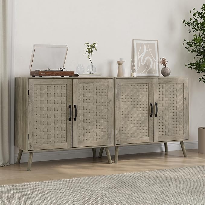 Smuxee Wood Sideboard, Freestanding Buffet Cabinet with 2 PVC Rattan Doors, Storage Cabinet with Adjustable Shelf for Living Room, Entryway, Hallway