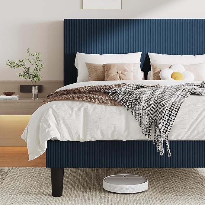 Allewie Queen Size Upholstered Bed Frame with Vertical Channel Tufted Headboard, Soft Corduroy Fabric Platform Bed, Strong Wooden Slats Support, Easy Assembly, No Box Spring Needed, Dark Blue